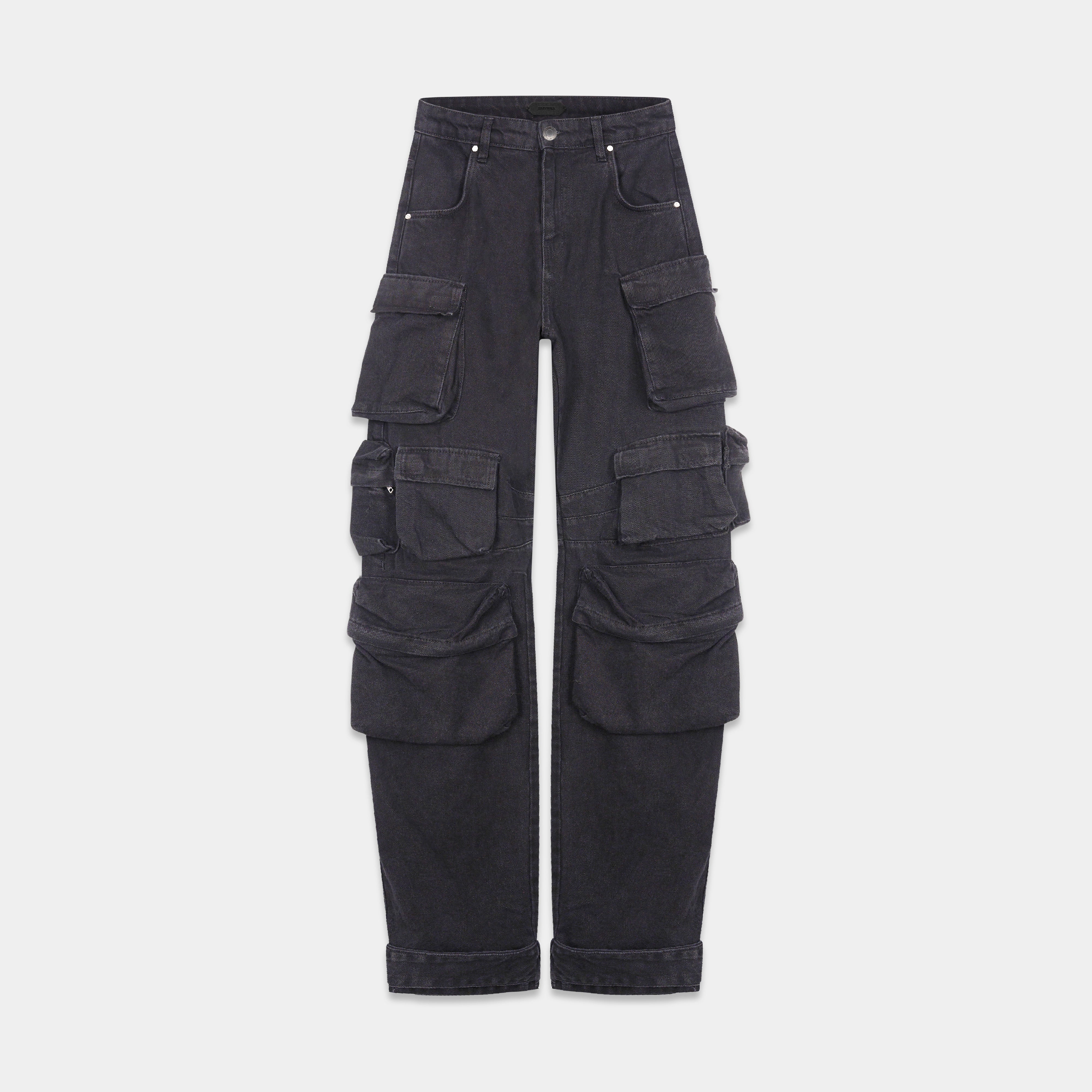 Multi pocket wide cargo pants in black