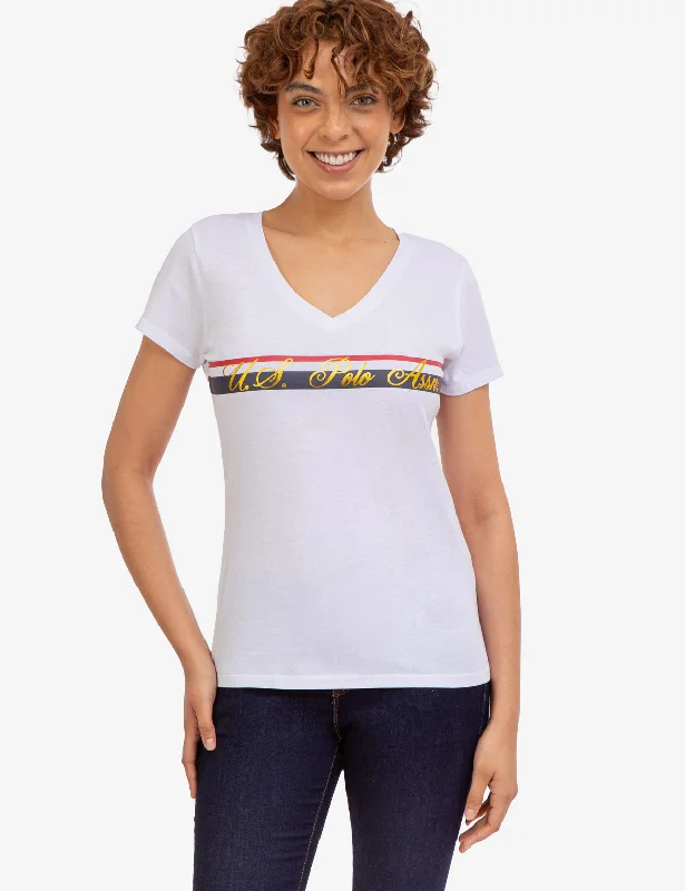 V-NECK STRIPE FOIL GRAPHIC T-SHIRT