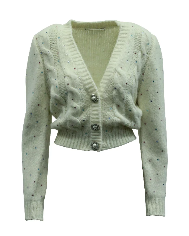 Alessandra Rich Crystal Embellished Cardigan in White Wool