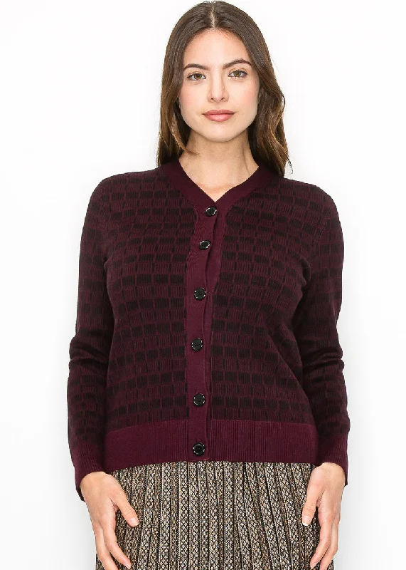 Burgundy and Black Check Knit Cardigan