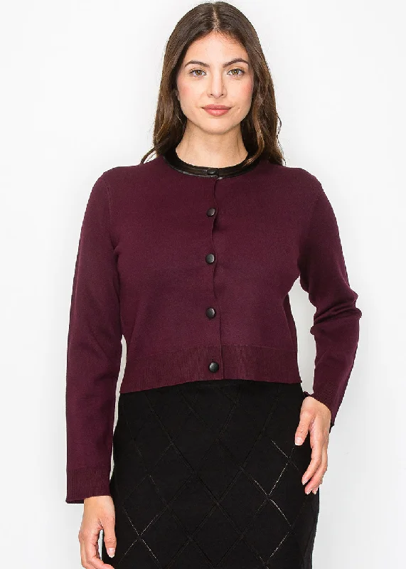 Burgundy Knit Cardigan with Elegant Collar Accent