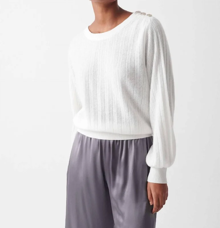 Cashmere Rhinestone Button Pleated Sweater In Soft White