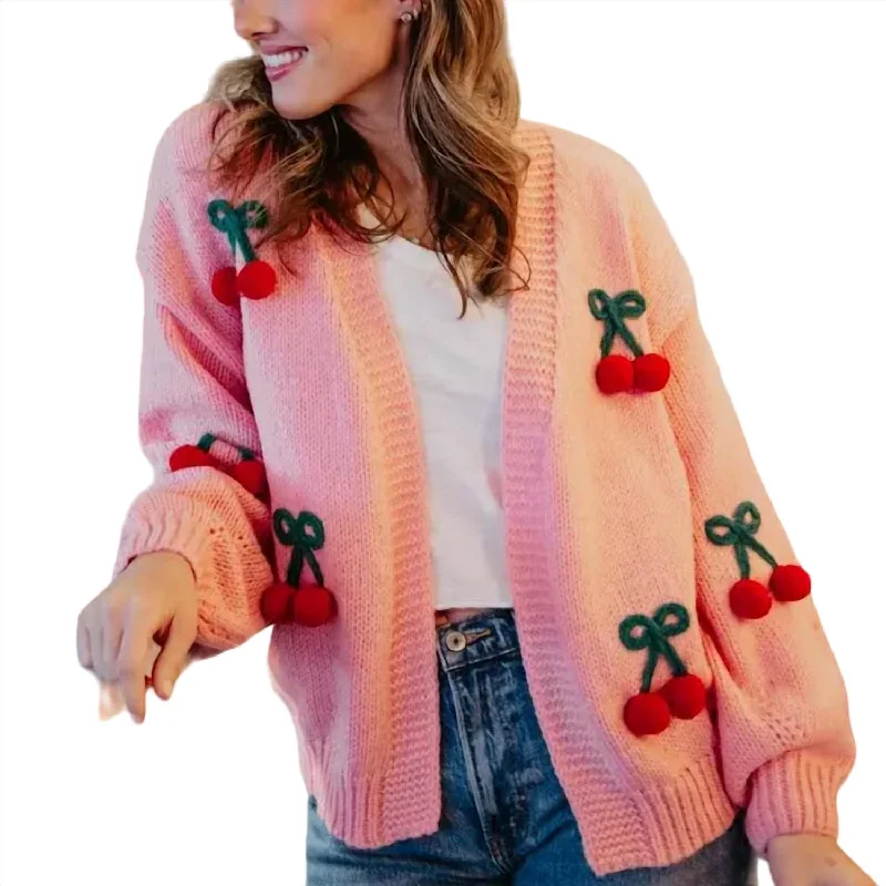 Cherry Long Sleeve Knit Cardigan In Pink