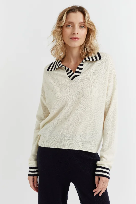 Cream Wool-Cashmere Striped Collar Sweater