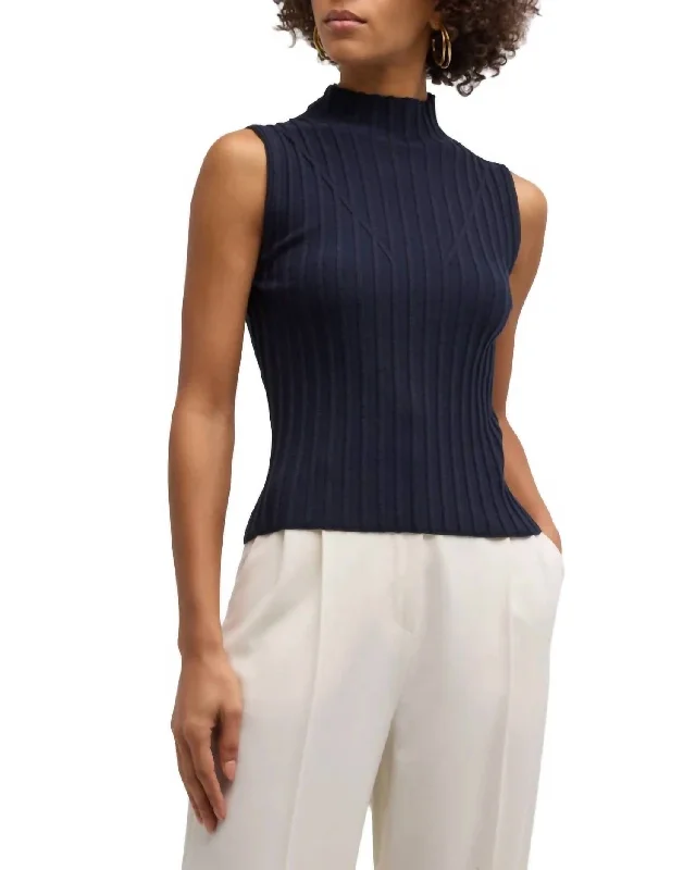 Esma Ribbed Mock Neck Sleeveless Sweater In Navy