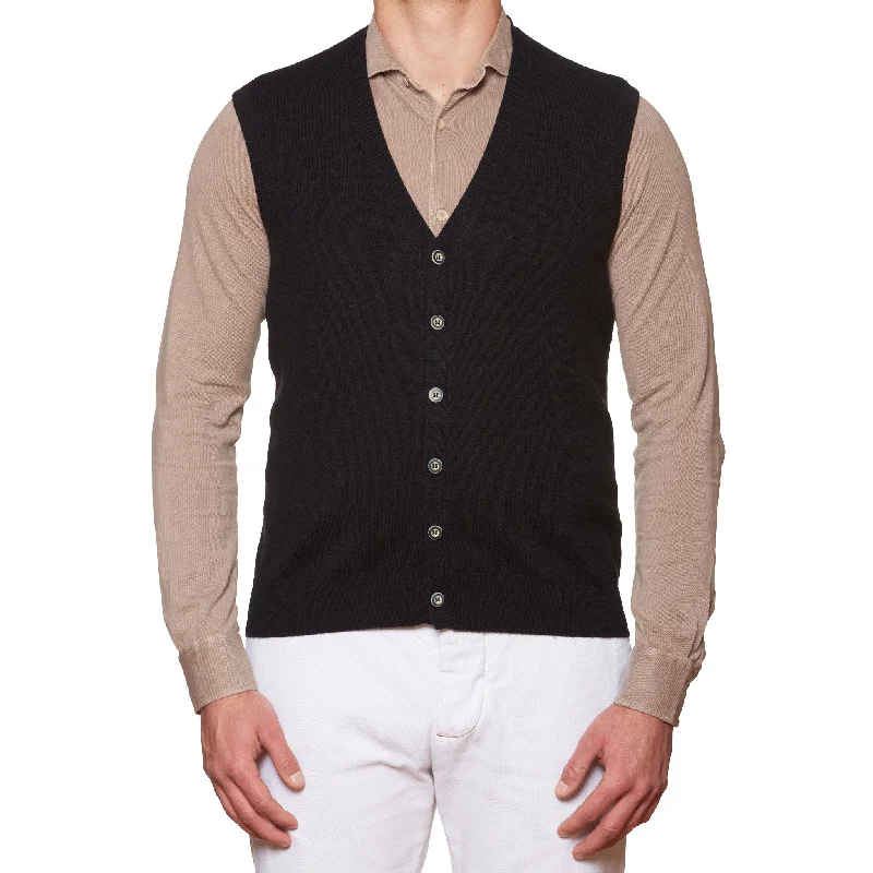 FEDELI Black Cashmere Sleeveless Cardigan Sweater NEW Slim Fit