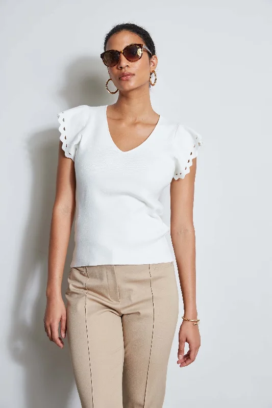 T-Tahari Laser Cut Flutter Sleeve Sweater