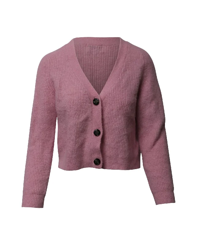 Ganni Rib Knit Cropped Cardigan in Pink Wool