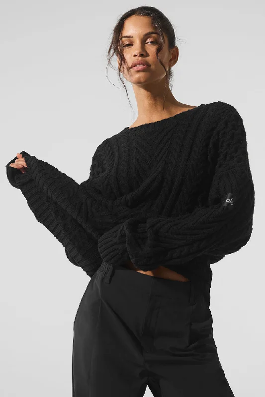 Cable Knit Crew Neck Sweater - Black