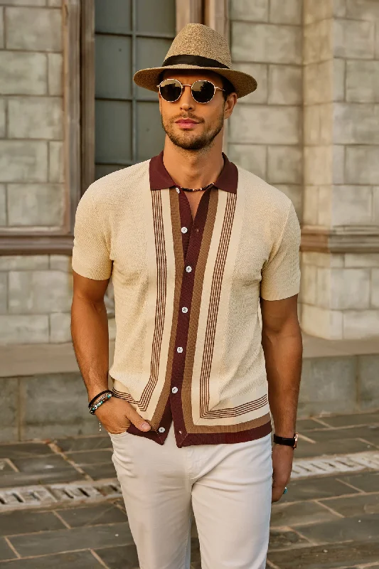 Men Contrast Color Cardigan Sweater Short Sleeve Lapel Button-up Knitwear