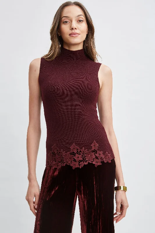 Mock Neck Lace Hem Sleeveless Sweater