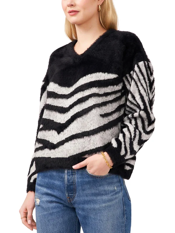 Womens Faux Fur V-Neck Sweater