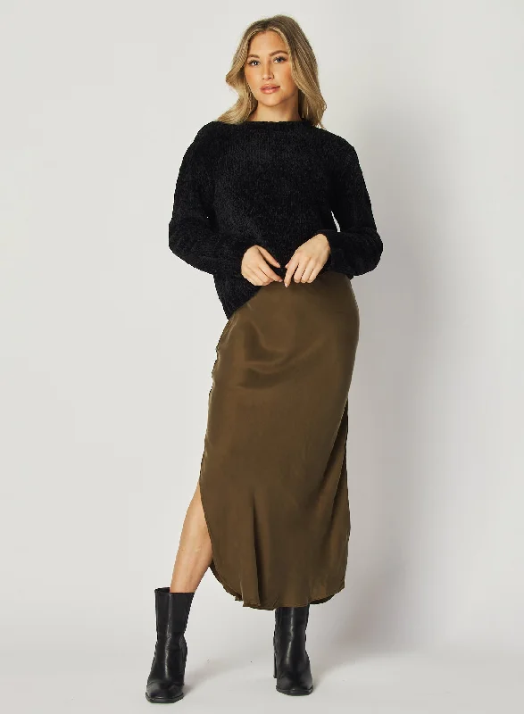 Asymmetric Side Slit Bias Skirt - Autumn Olive