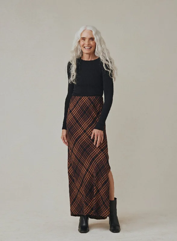 Side Slit Bias Maxi Skirt - Autumn Ember Plaid