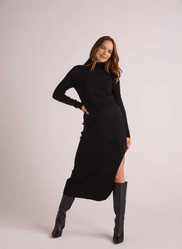 Ribbed Knit Skirt with Side Slit - Black