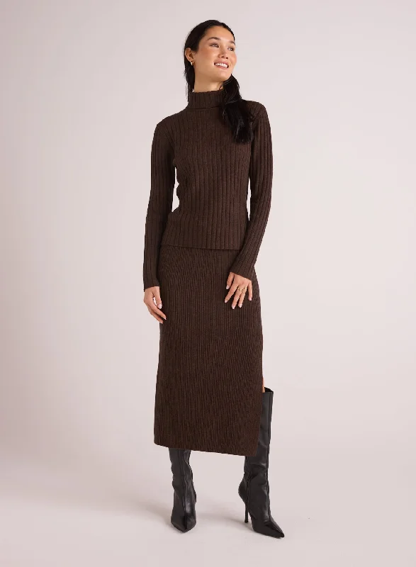 Ribbed Knit Skirt with Side Slit - Heather Brown