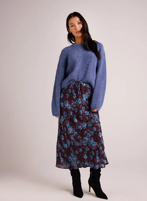 Bias Midi Skirt with Tie - Berry Bloom Print