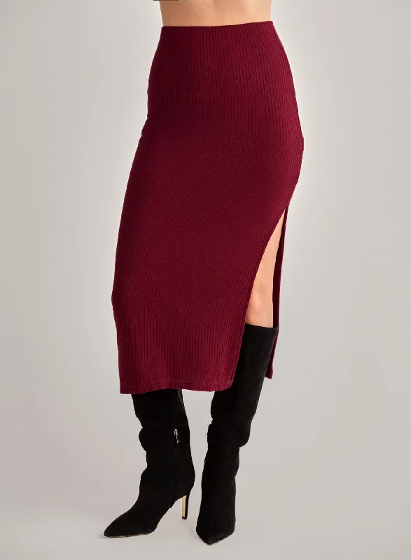 Clean Waist Knit Skirt with Side Slit - Deep Merlot