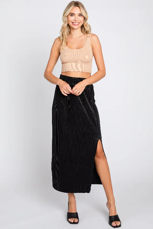 Black Pleated Side Slit Midi Skirt