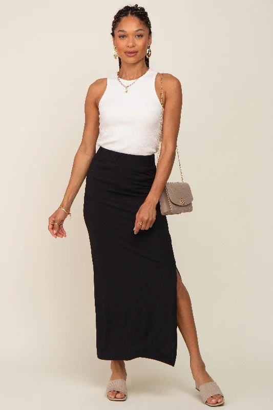 Black Ribbed Side Slit Midi Skirt