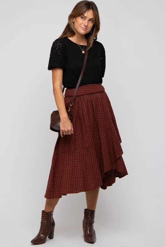 Burgundy Plaid Ruffle Midi Skirt