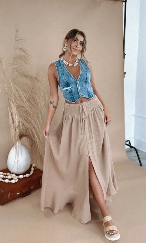 Whispering Willow Button Maxi Skirt, Sand