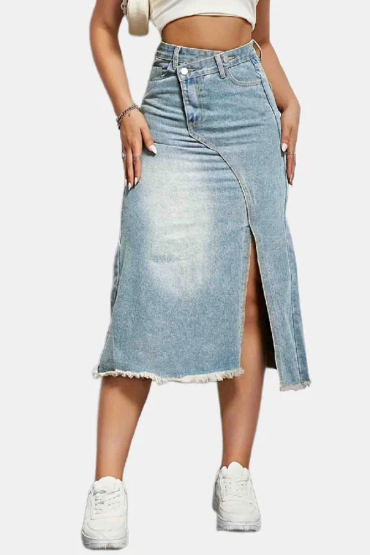 Irregular Front Slit Denim Midi Skirt