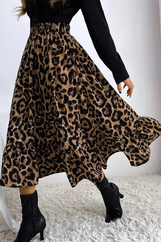 Leopard Print Hem Pleated High Waist Skirt