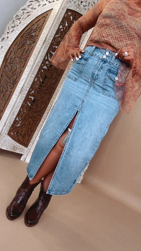 Utility Pocket Denim Slit Midi Skirt