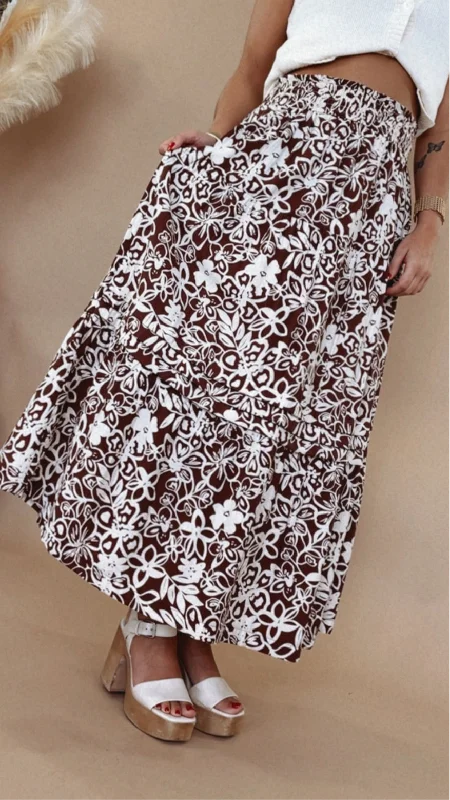 Picture Perfect Floral Tiered Midi Skirt, Brown