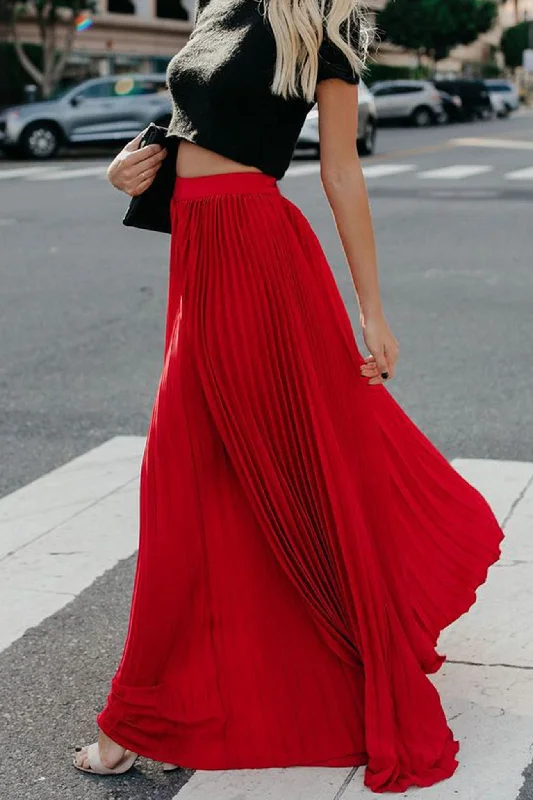 Solid Color High Waist Pleated Maxi Skirt