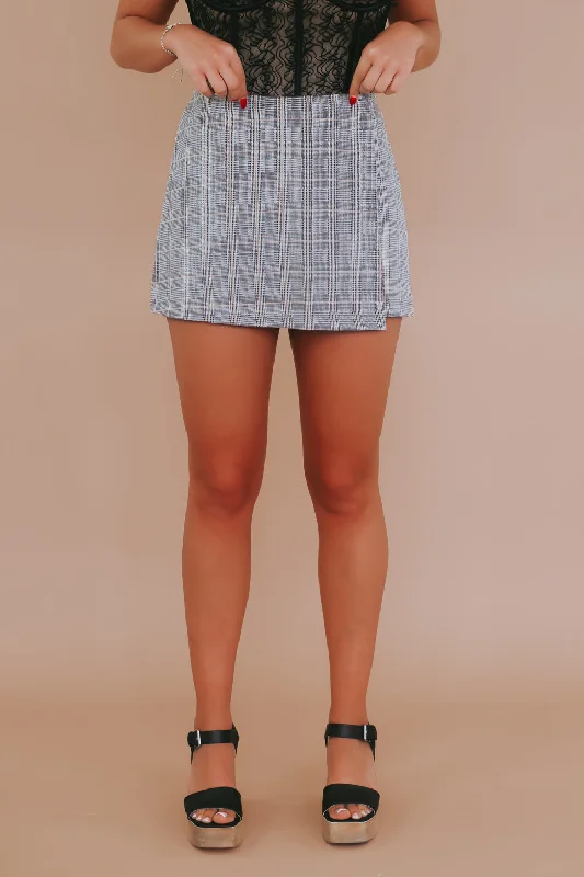 Urban Plaid Wrap Skort, Black/Camel