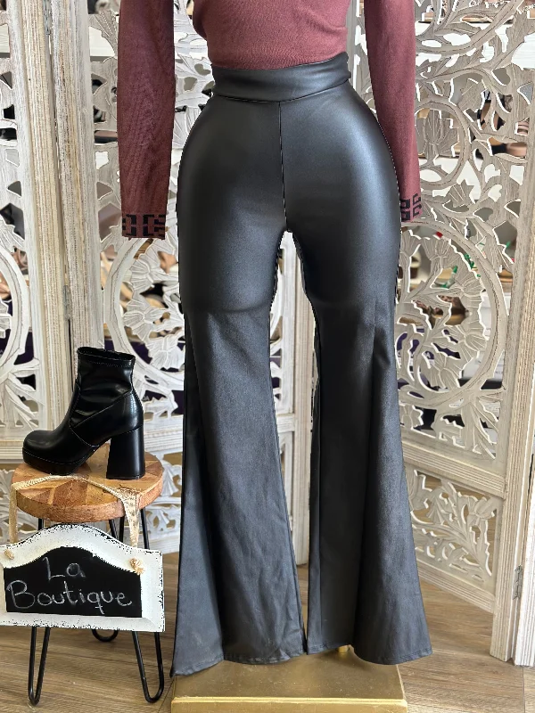 Black Faux Leather Flare Pants-Stretchy