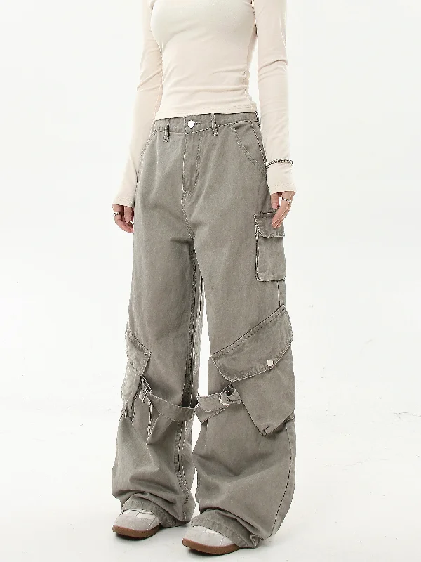 Washed Buckled Strap Cargo Pants