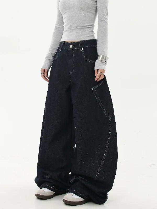 Oversized Pocket Stitched Baggy Jeans