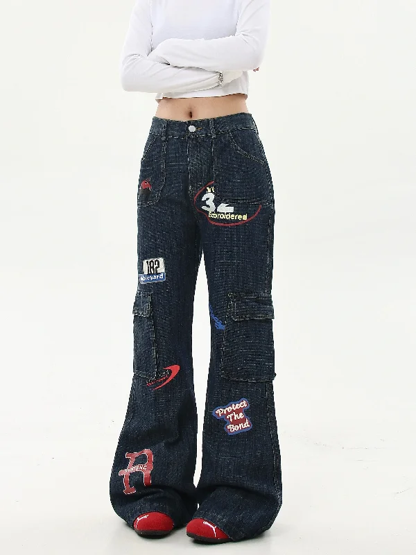 Graffiti Print Flared Cargo Jeans