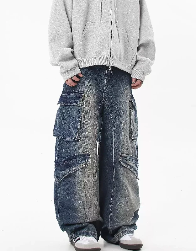 Wide Multi-Pockets Faded Jeans