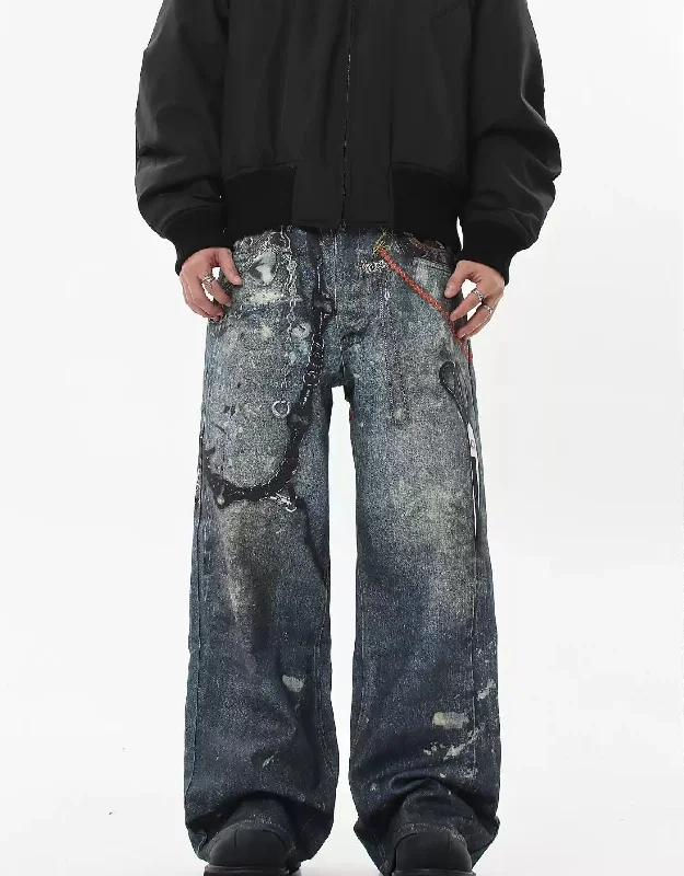 Abstract Graphic Print Straight Jeans