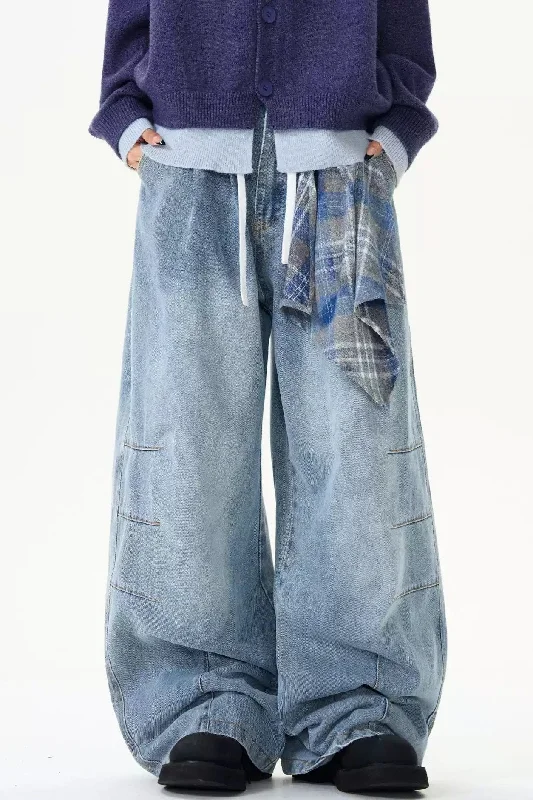 Drawstring Pleated Faded Loose Jeans