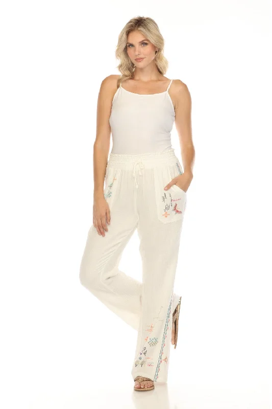 Johnny Was Biya White Embroidered Gauze Wide Leg Pants JW0090