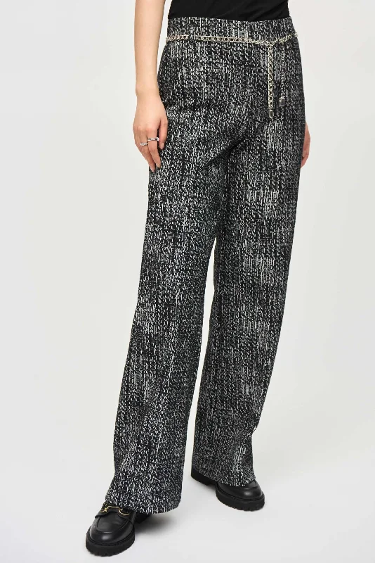 Joseph Ribkoff Black/Off-White Chain Belt Tweed Wide Leg Pants 243288