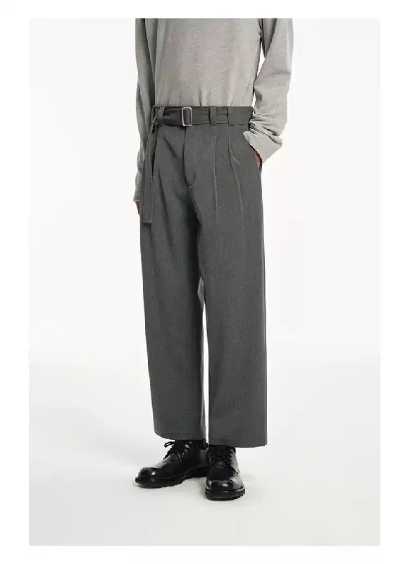 Waist Belt Pleated Cropped Trousers