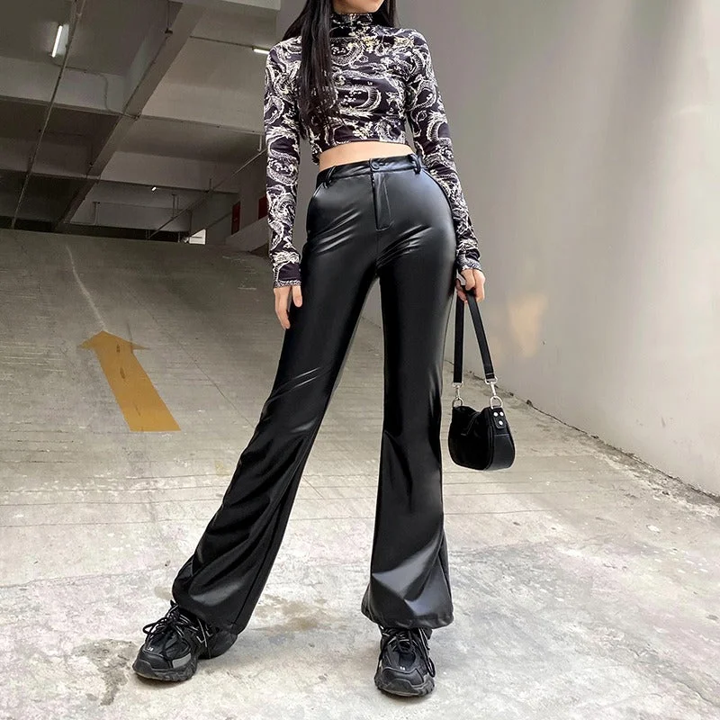 TINA: Flare Faux Leder Pants, elastisch