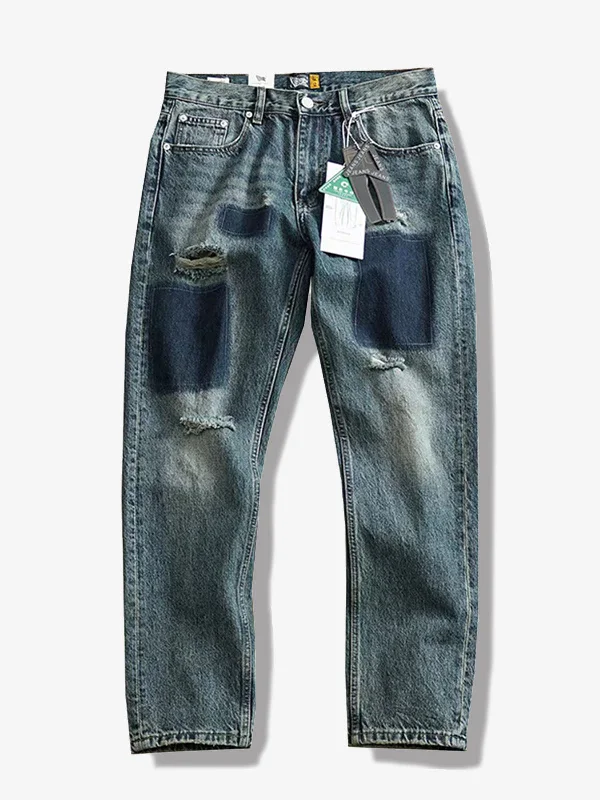 Distressed & Block Patchwork Straight Jeans