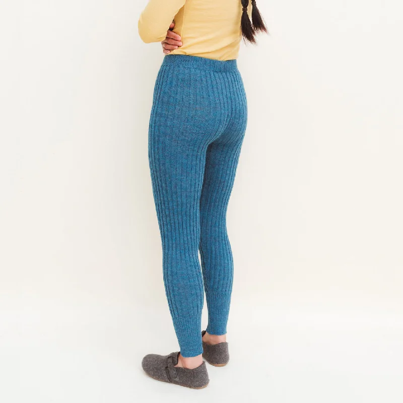 Women's High Waisted Knitted Rib Leggings - 100% Baby Alpaca - Light Peacock (S-XL) *Returning 2025